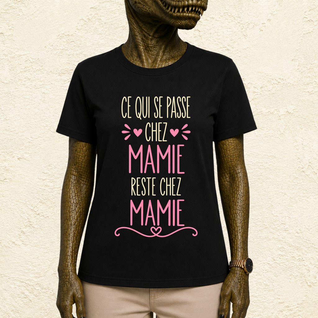 T-shirt femme Ce qui se passe chez Mamie reste chez Mamie – Un slogan complice et plein d’humour