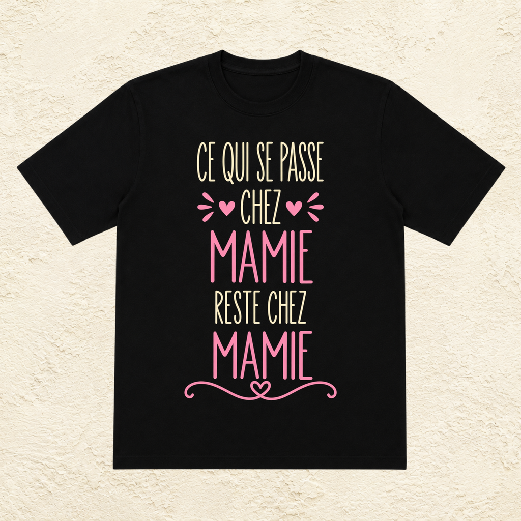 T-shirt femme Ce qui se passe chez Mamie reste chez Mamie – Un slogan complice et plein d’humour