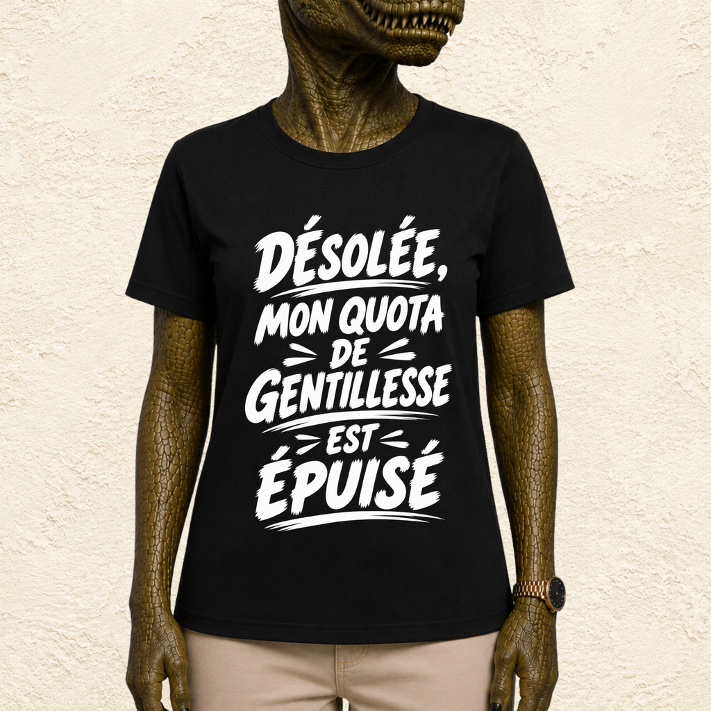 T-shirt Femme Noir et Blanc « Désolée, mon quota de gentillesse est épuisé »