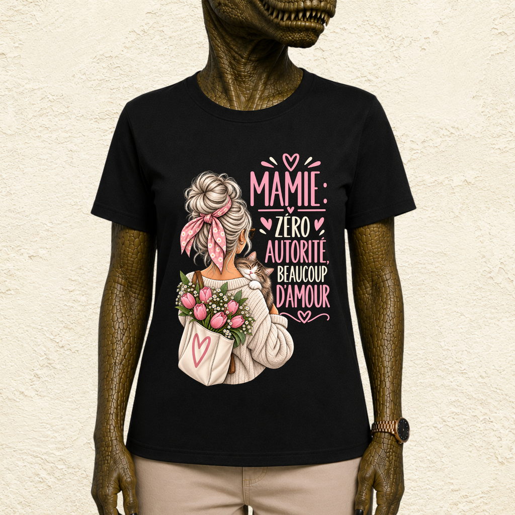 T-shirt Femme Illustré "Mamie : Zéro autorité, Beaucoup d'amour"