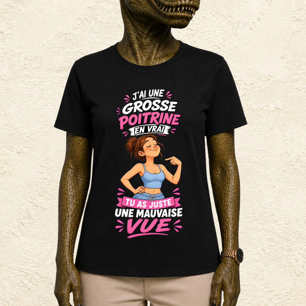 T-shirt Femme « J'ai une grosse poitrine en vrai, tu as juste une mauvaise vue »