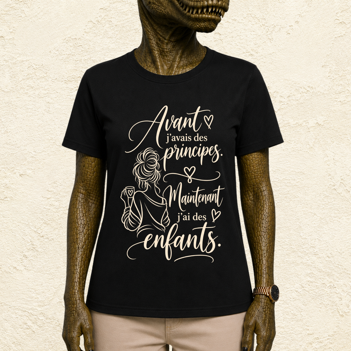 T-shirt Femme illustré « Avant j'avais des principes. Maintenant j'ai des enfants. »