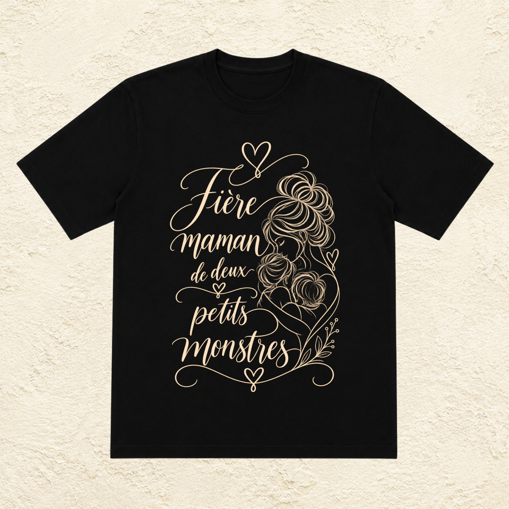 T-shirt Femme illustré « Fière maman de deux petits monstres »