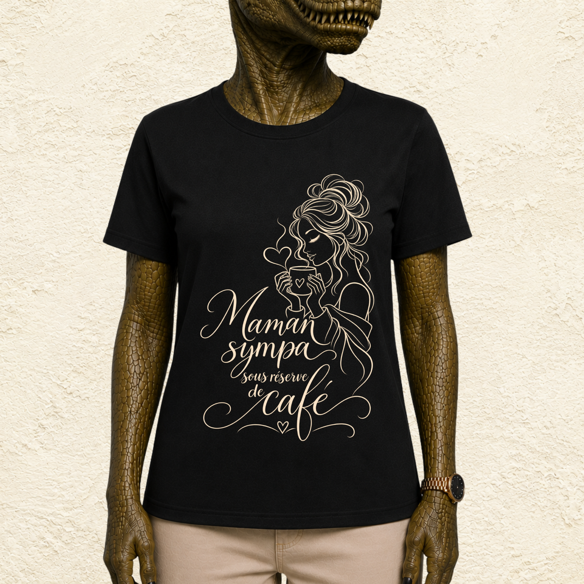 T-shirt Femme illustré « Maman sympa sous réserve de café »