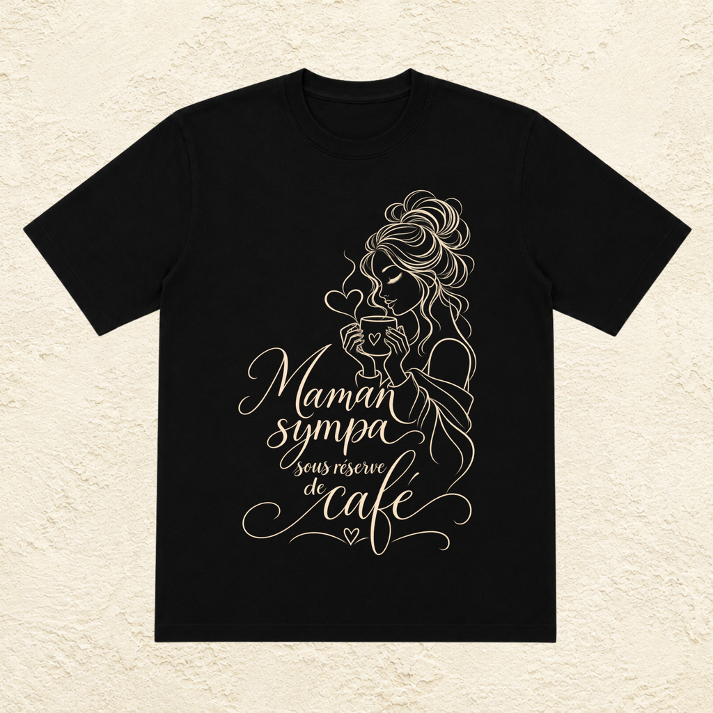 T-shirt Femme illustré « Maman sympa sous réserve de café »