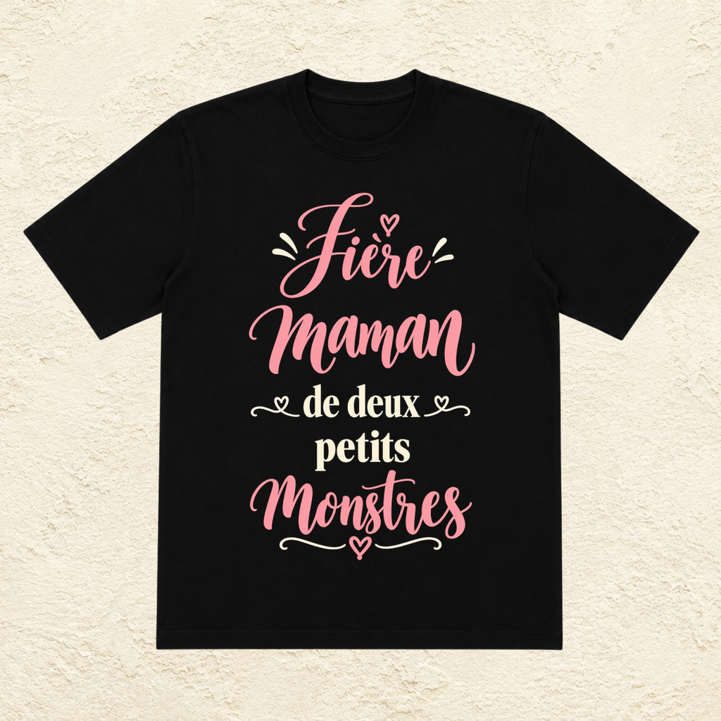 T-shirt Femme texte « Fière maman de deux petits monstres »