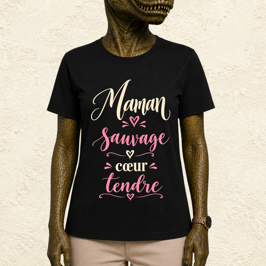 T-shirt Femme texte « Maman sauvage coeur tendre »