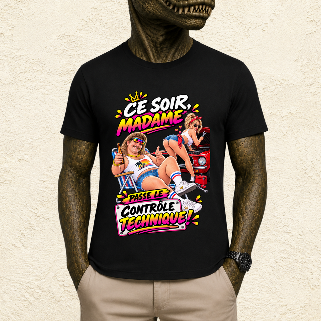T-shirt Homme illustré « Ce soir, Madame passe le contrôle technique ! »