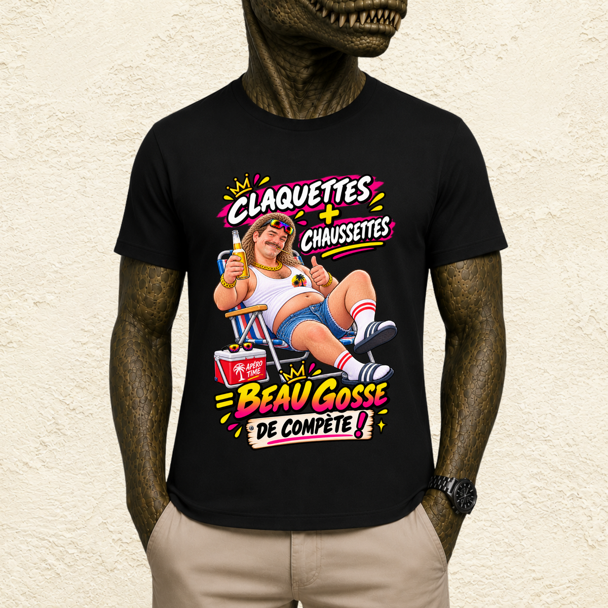 T-shirt Homme illustré « Claquettes + Chaussettes = Beau gosse de compète ! »