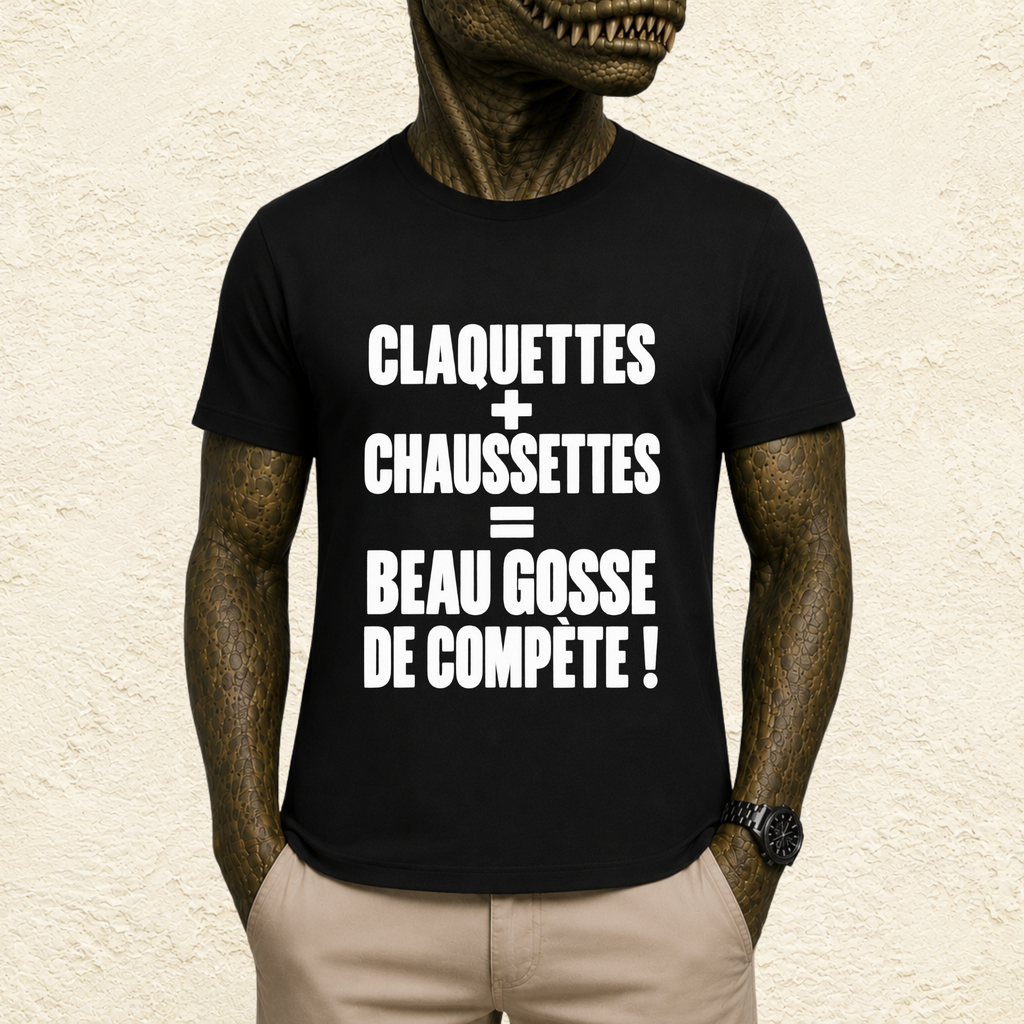 T-shirt Homme Noir et Blanc « Claquettes + Chaussettes = Beau gosse de compète ! »