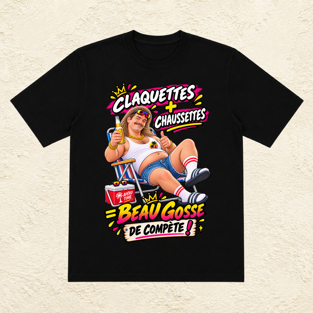 T-shirt Homme illustré « Claquettes + Chaussettes = Beau gosse de compète ! »