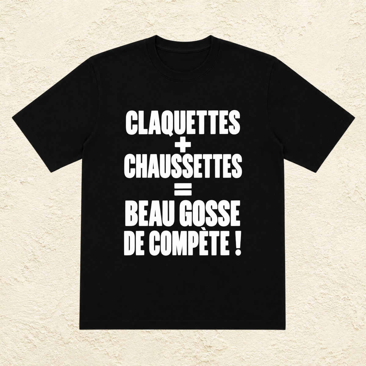 T-shirt Homme Noir et Blanc « Claquettes + Chaussettes = Beau gosse de compète ! »