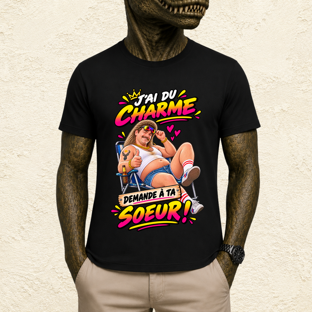 T-shirt Homme illustré « J'ai du charme, demande à ta soeur ! »
