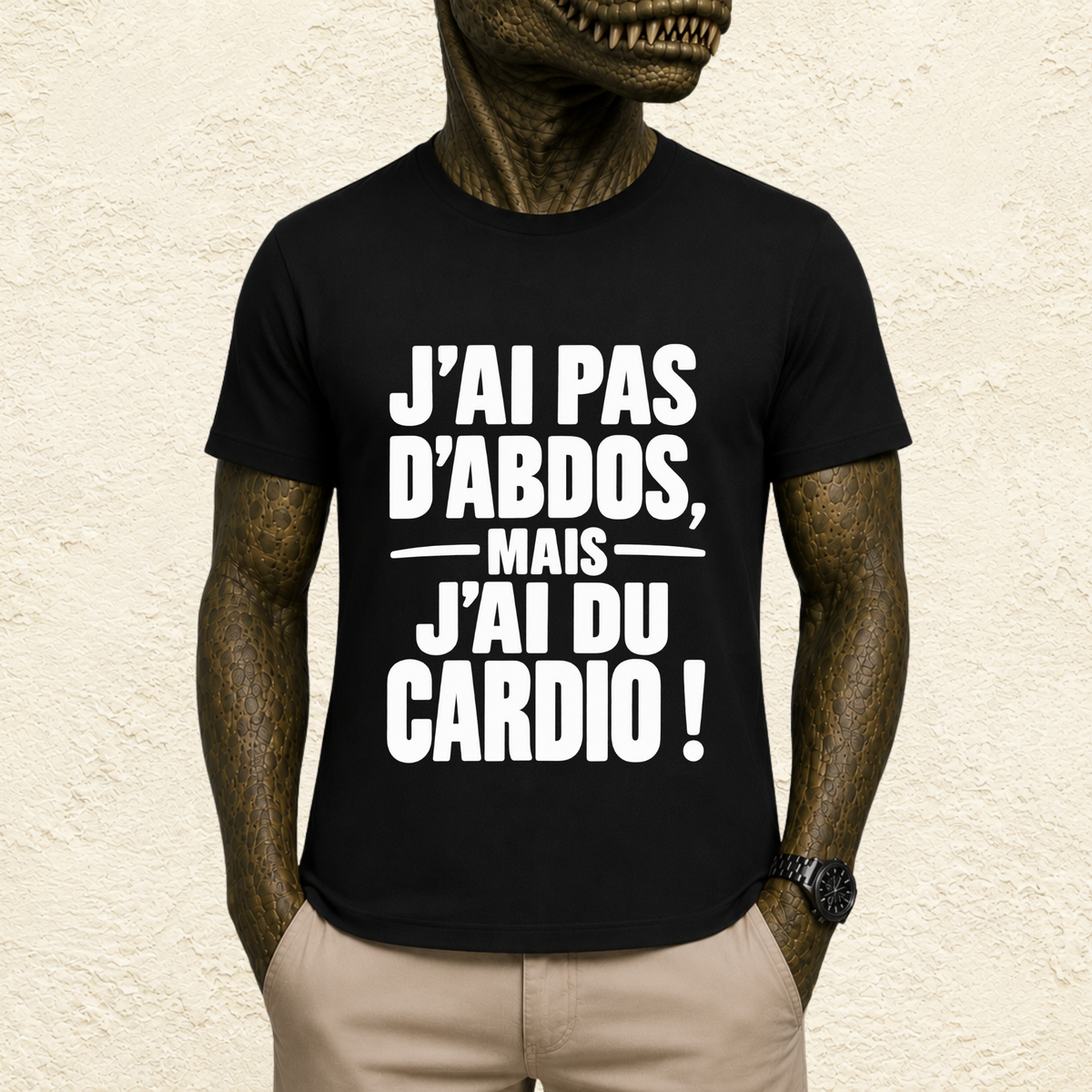 T-shirt Homme Noir et Blanc « J'ai pas d'abdos mais j'ai du cardio ! »