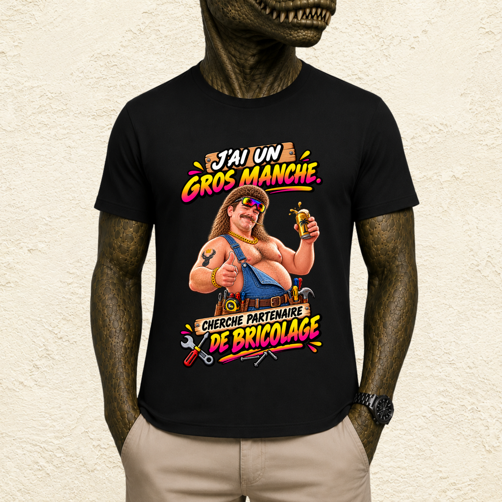 T-shirt Homme illustré « J'ai un gros manche, cherche partenaire de bricolage »