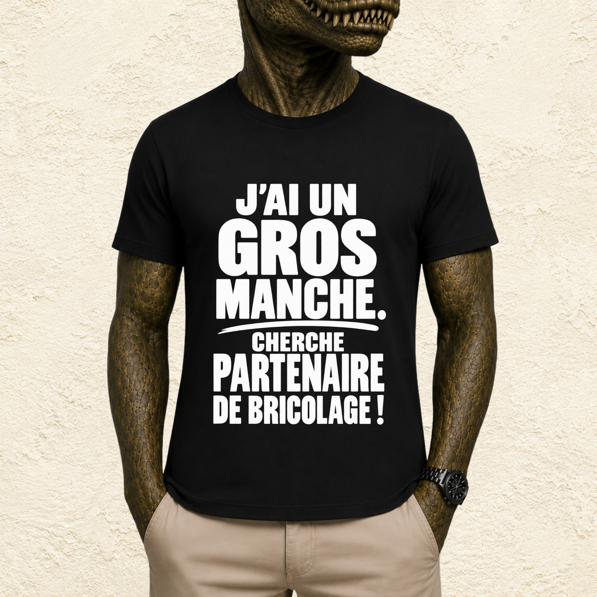 T-shirt Homme Noir et Blanc « J'ai un gros manche, cherche partenaire de bricolage »