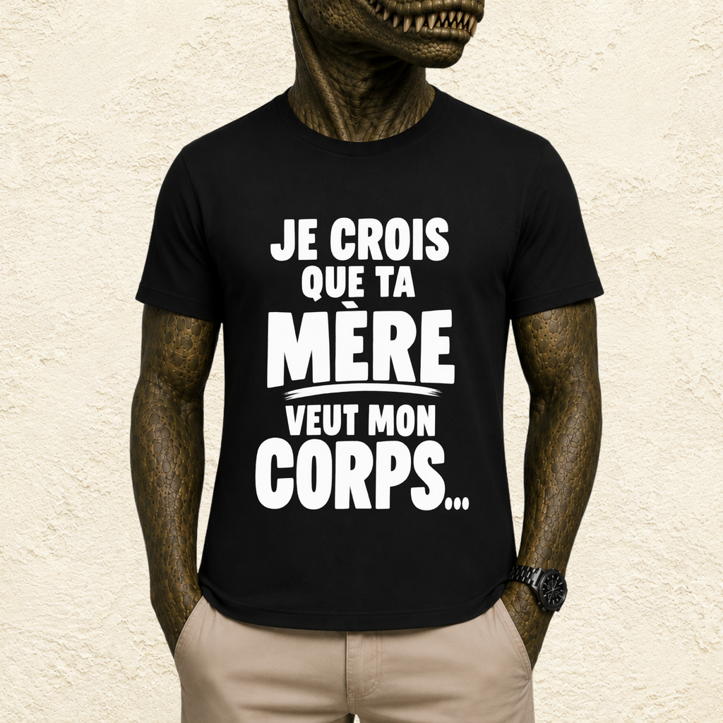 T-shirt Homme Noir et blanc « Je crois que ta mère veut mon corps... »