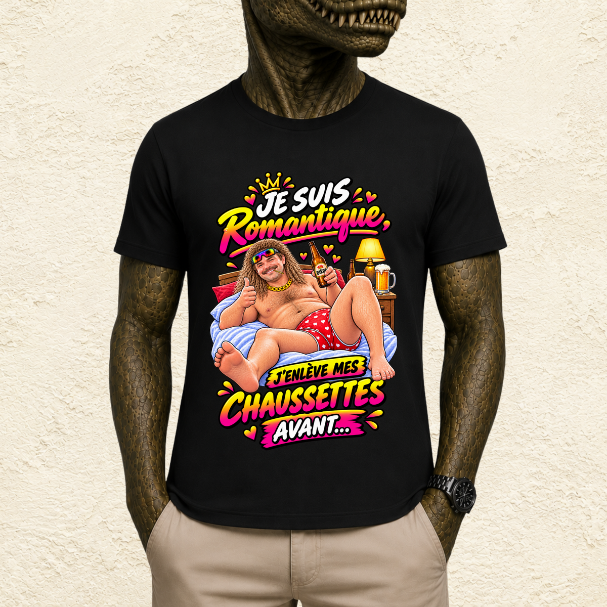 T-shirt Homme illustré « Je suis romantique, j'enlève mes chaussettes avant... »