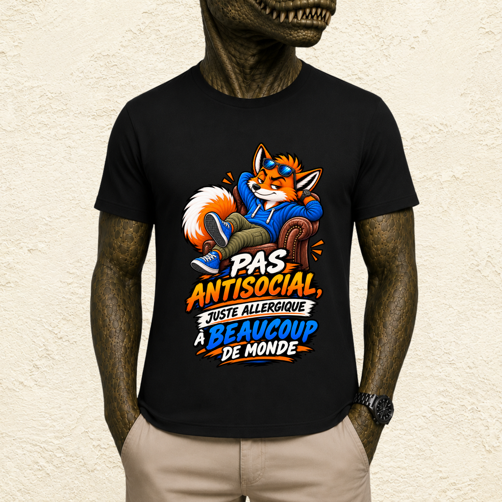T-shirt Homme illustré « Pas antisocial, juste allergique à beaucoup de monde »