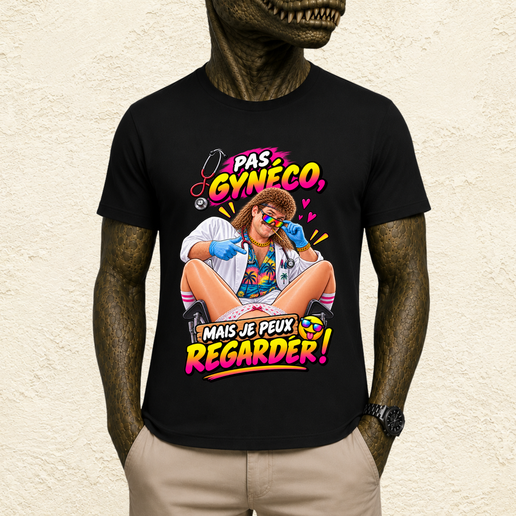 T-shirt Homme illustré « Pas gynéco, mais je peux regarder ! »