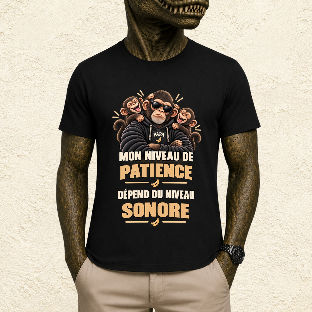 T-shirt Homme illustré « Mon niveau de patience dépend du niveau sonore »