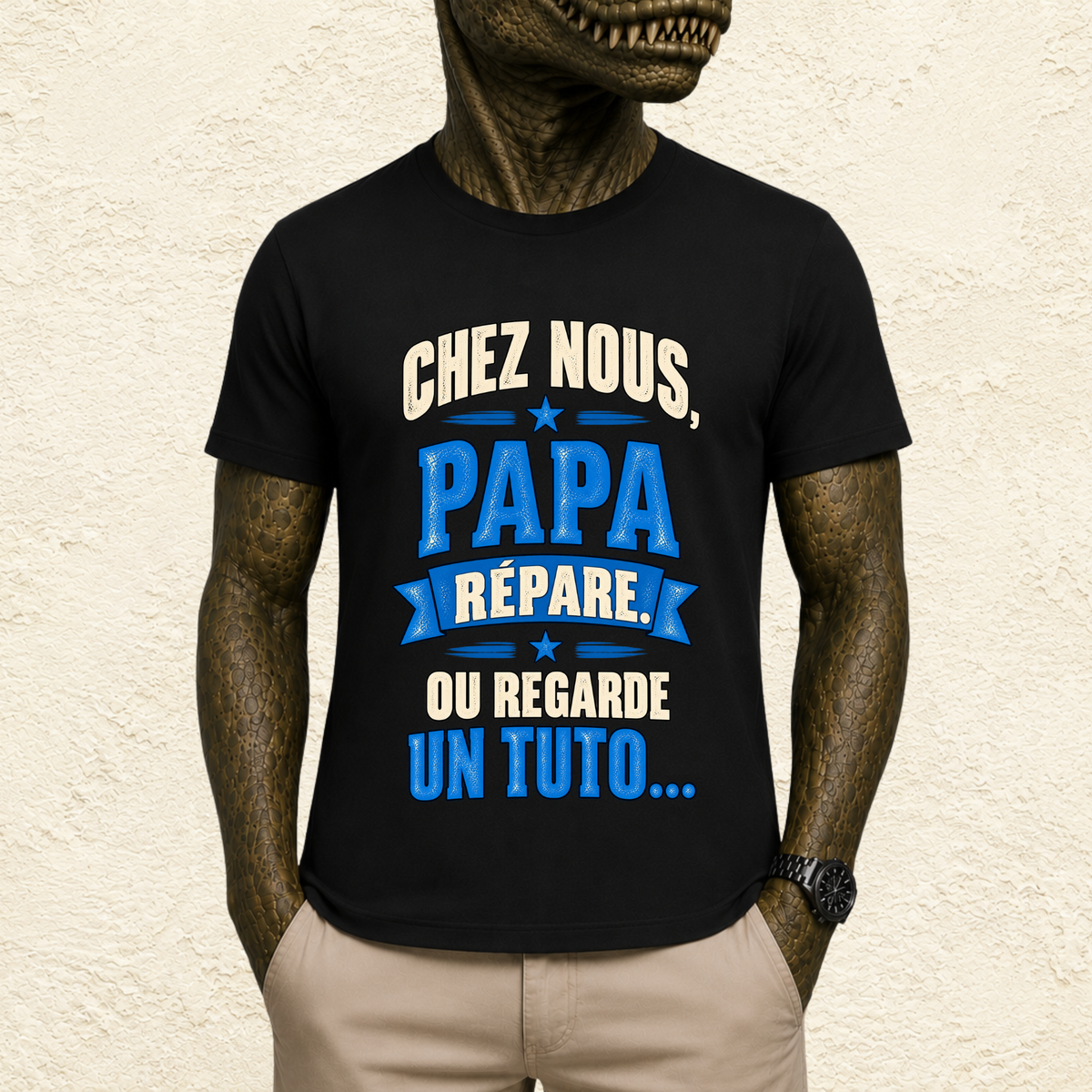 T-shirt Homme texte « Chez nous, Papa répare. Ou regarde un tuto... »