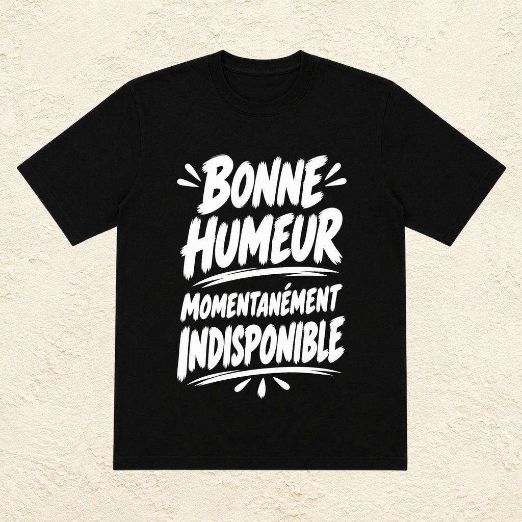 T-shirt Unisexe Noir et Blanc « Bonne humeur momentanément indisponible »