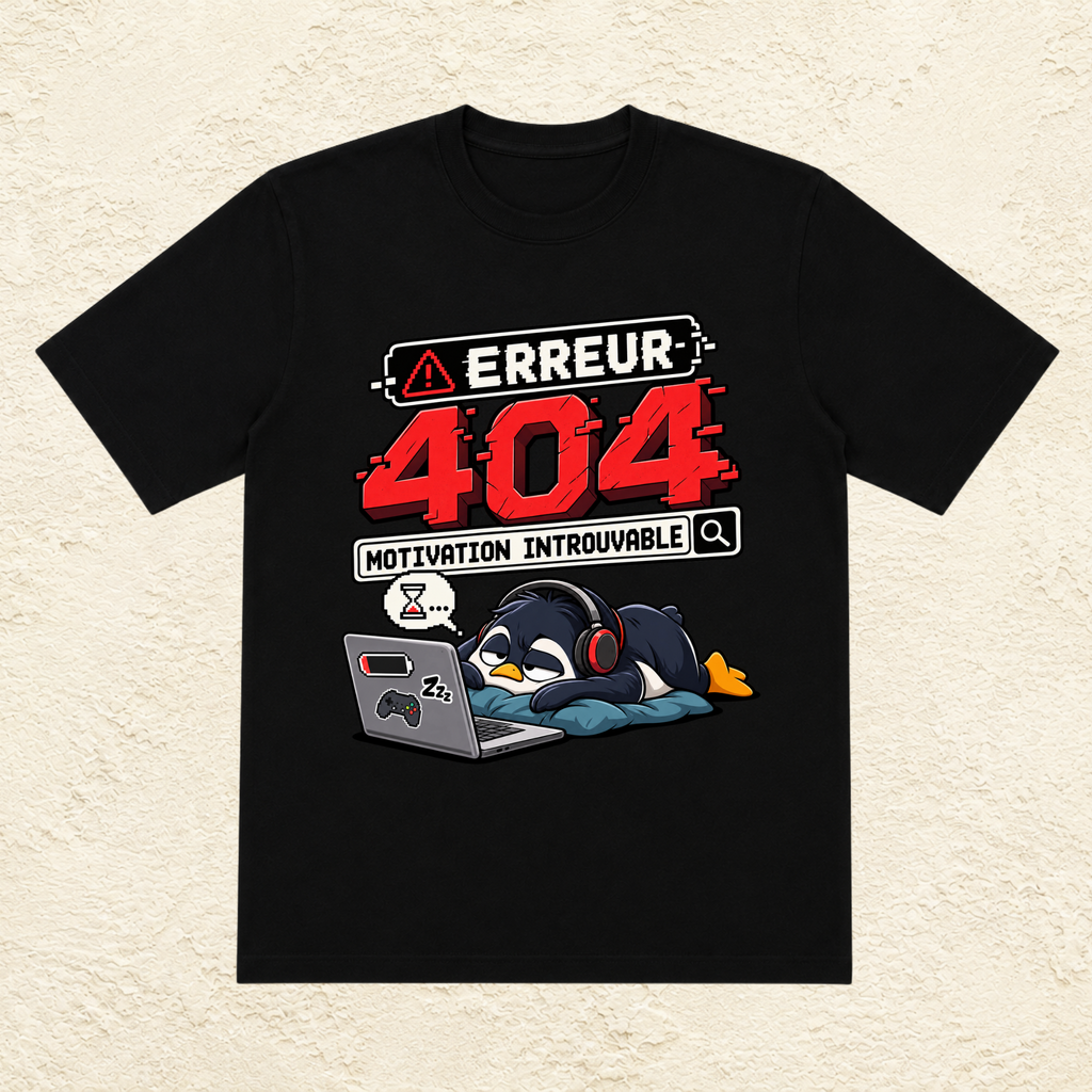 T-shirt Unisexe « Erreur 404 : Motivation introuvable - Pingouin »