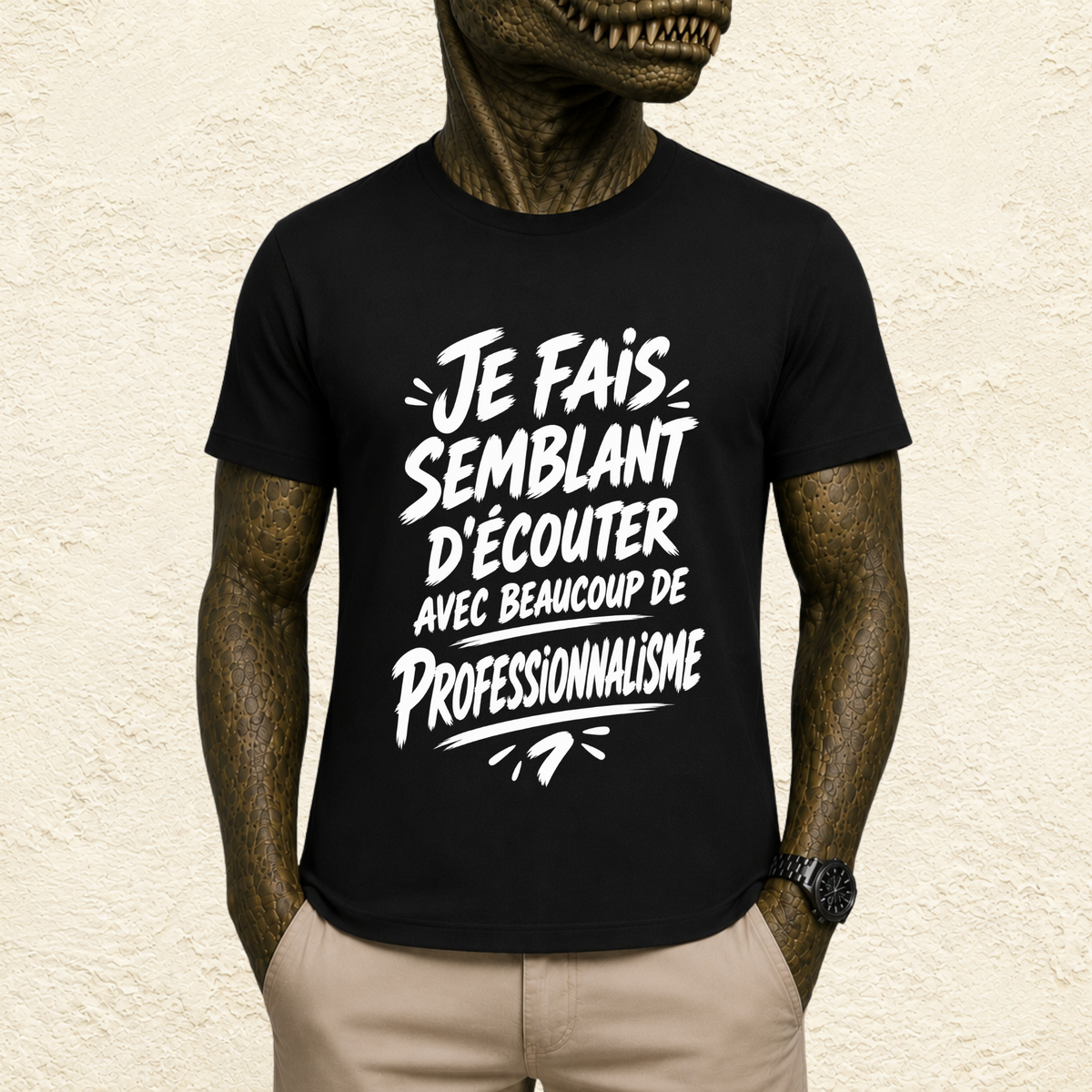T-shirt Unisexe Noir et Blanc « Je fais semblant d'écouter avec beaucoup de professionnalisme »