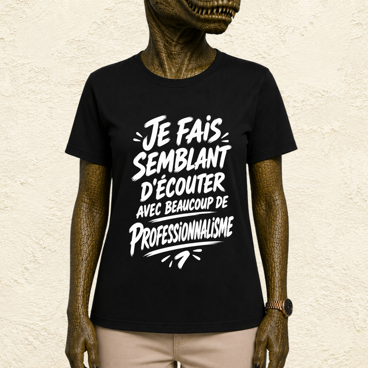 T-shirt Unisexe Noir et Blanc « Je fais semblant d'écouter avec beaucoup de professionnalisme »