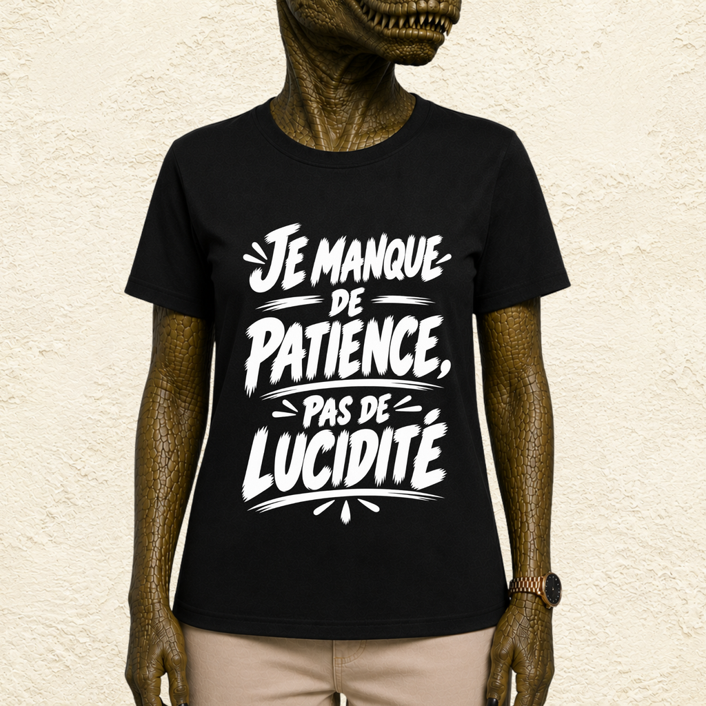 T-shirt Unisexe Noir et Blanc « Je manque de patience, pas de lucidité »