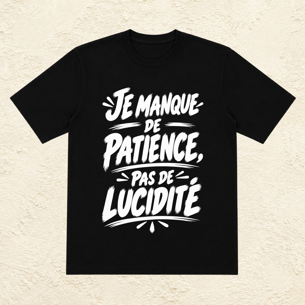 T-shirt Unisexe Noir et Blanc « Je manque de patience, pas de lucidité »
