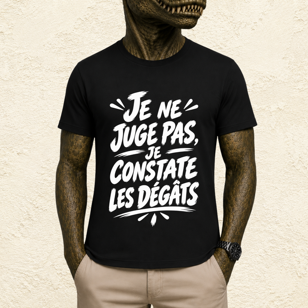 T-shirt Unisexe Noir et Blanc « Je ne juge pas, je constate les dégâts »