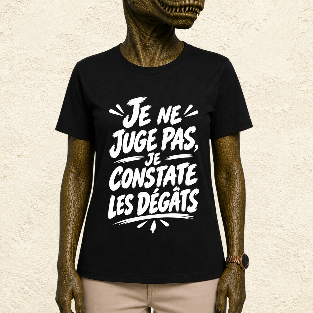 T-shirt Unisexe Noir et Blanc « Je ne juge pas, je constate les dégâts »