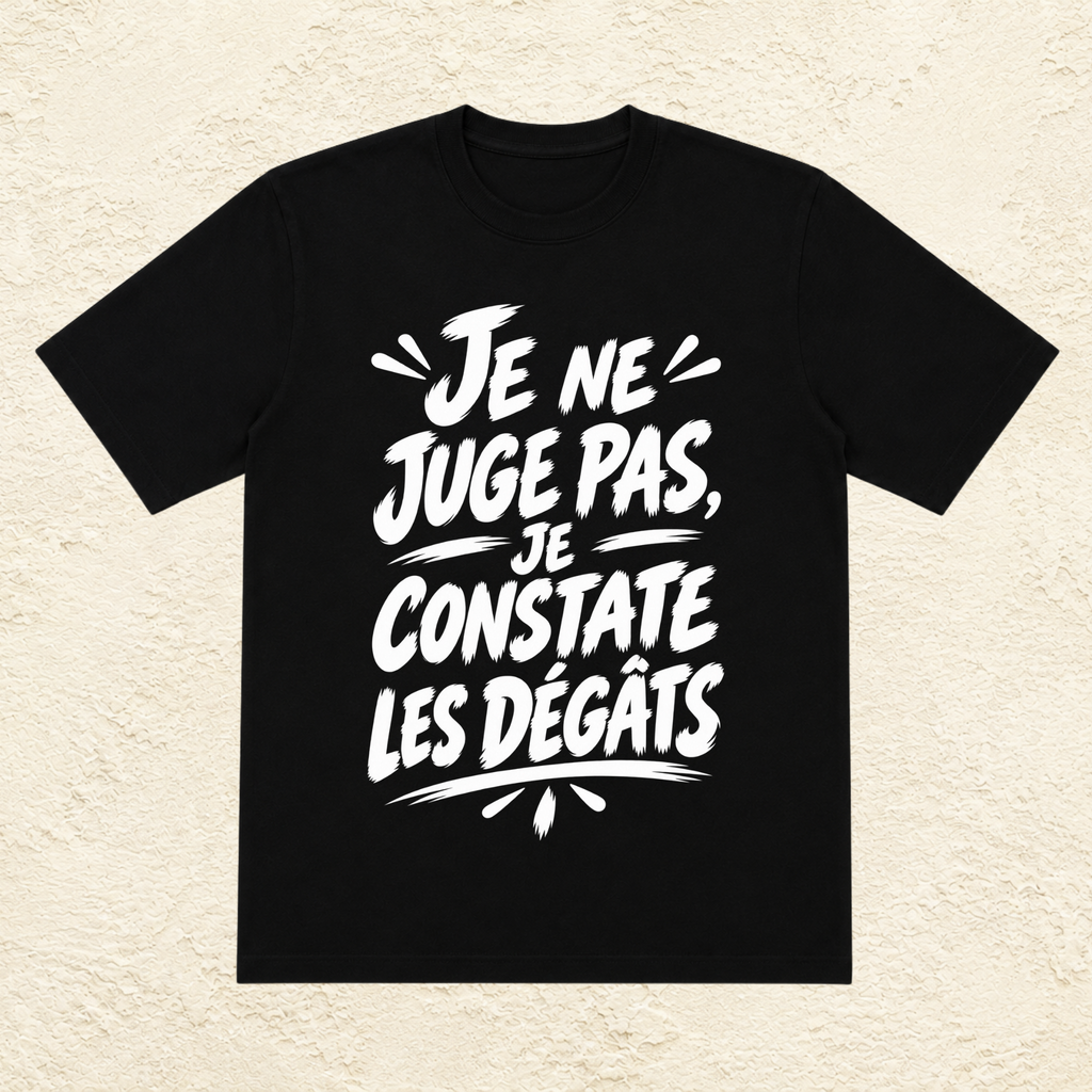 T-shirt Unisexe Noir et Blanc « Je ne juge pas, je constate les dégâts »