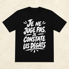 T-shirt Unisexe Noir et Blanc « Je ne juge pas, je constate les dégâts »