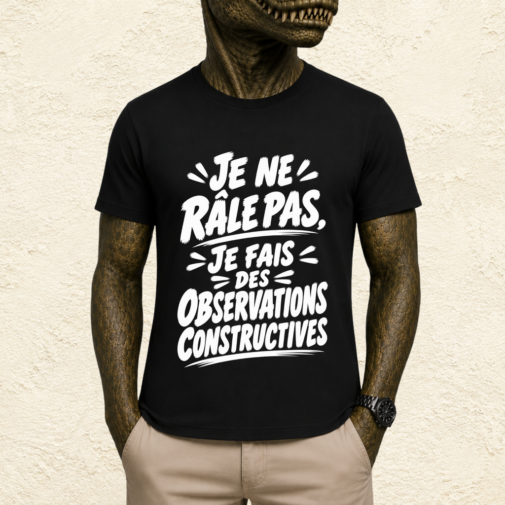 T-shirt Unisexe Noir et Blanc « Je ne râle pas, je fais des observations constructives »