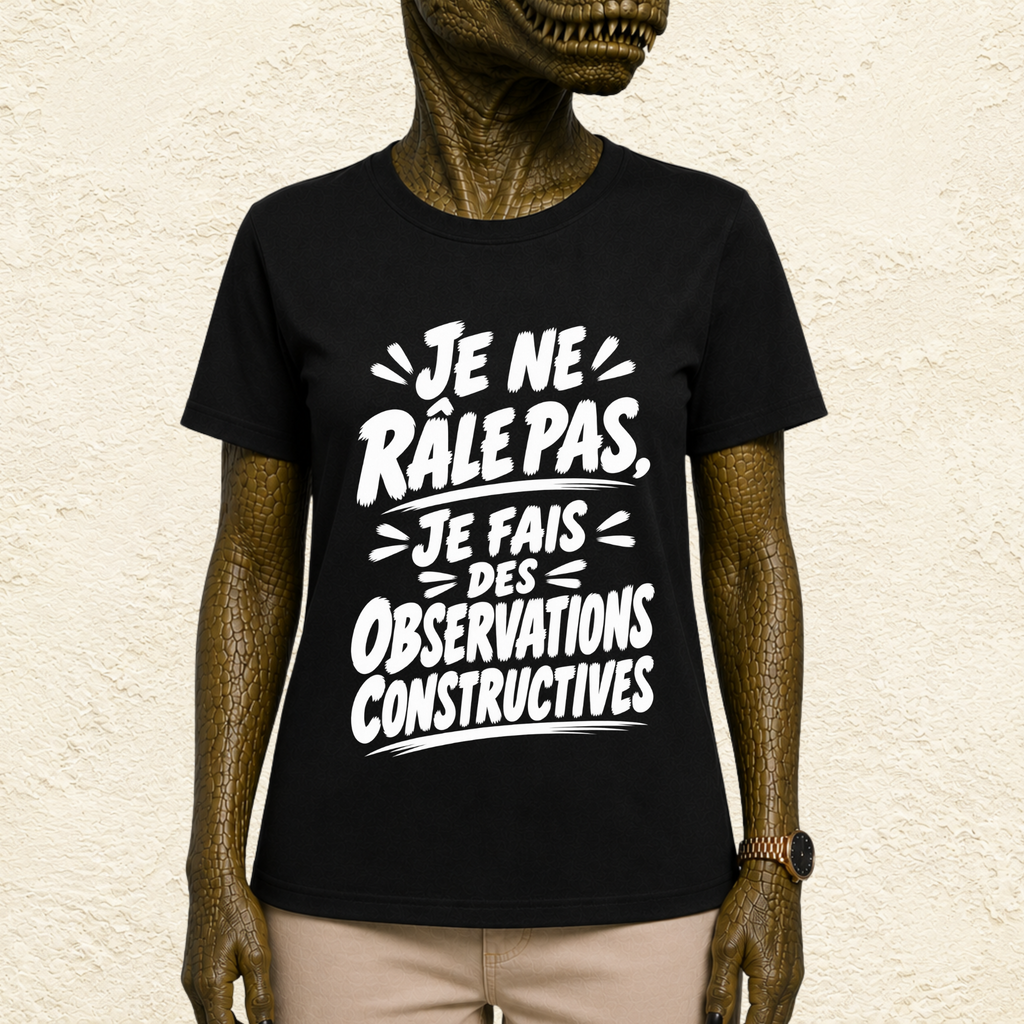 T-shirt Unisexe Noir et Blanc « Je ne râle pas, je fais des observations constructives »