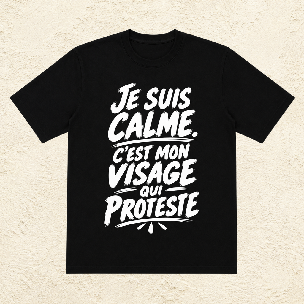 T-shirt Unisexe Noir et Blanc « Je suis calme. C'est mon visage qui proteste »