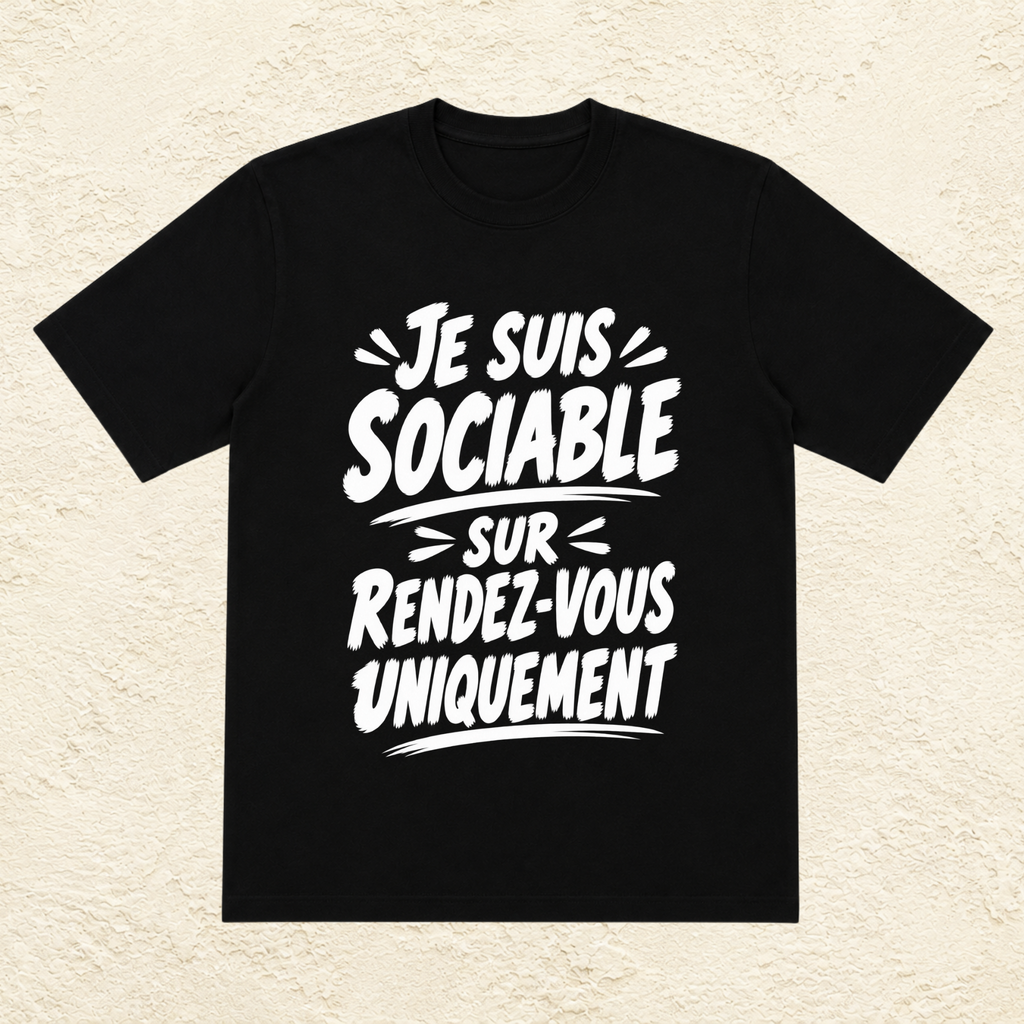 T-shirt Unisexe Noir et Blanc « Je suis sociable sur rendez-vous uniquement »