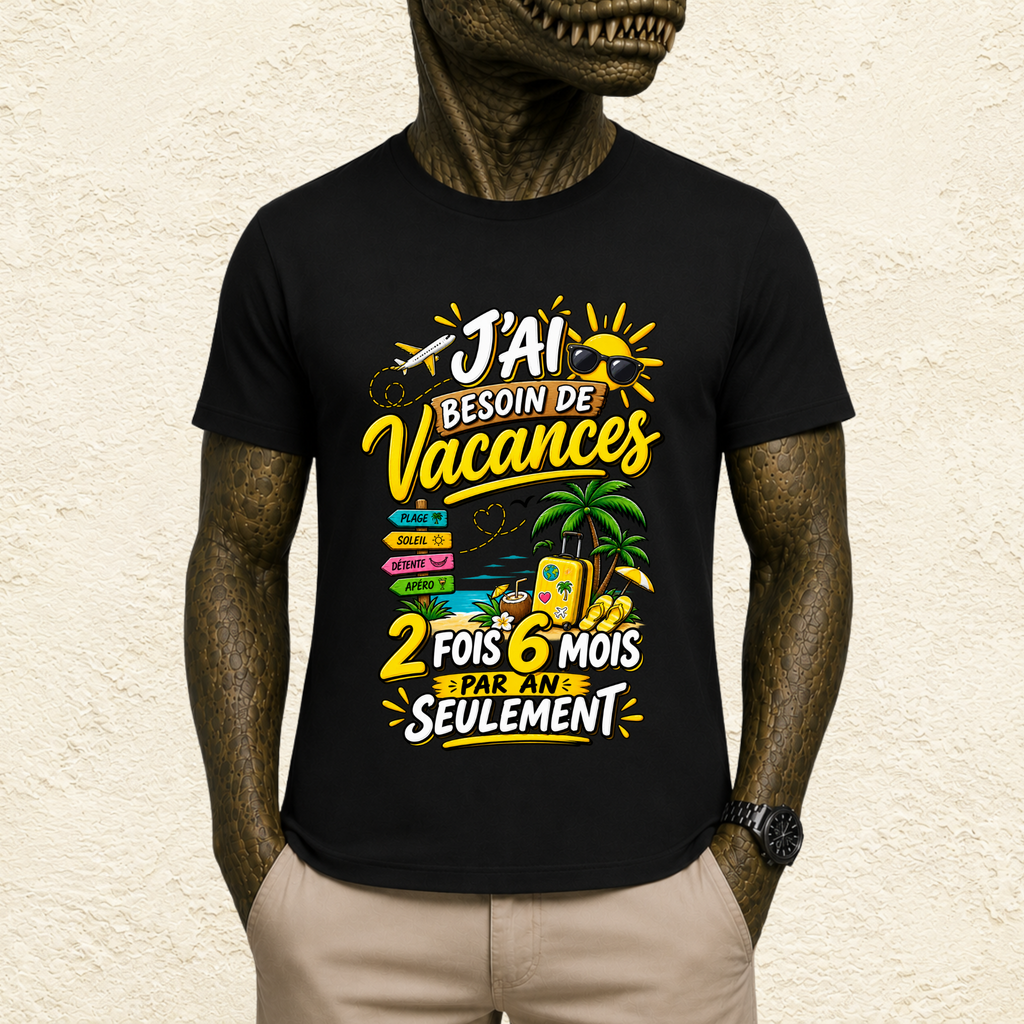 T-shirt Unisexe « J'ai besoin de vacances : 2 fois 6 mois par an seulement »